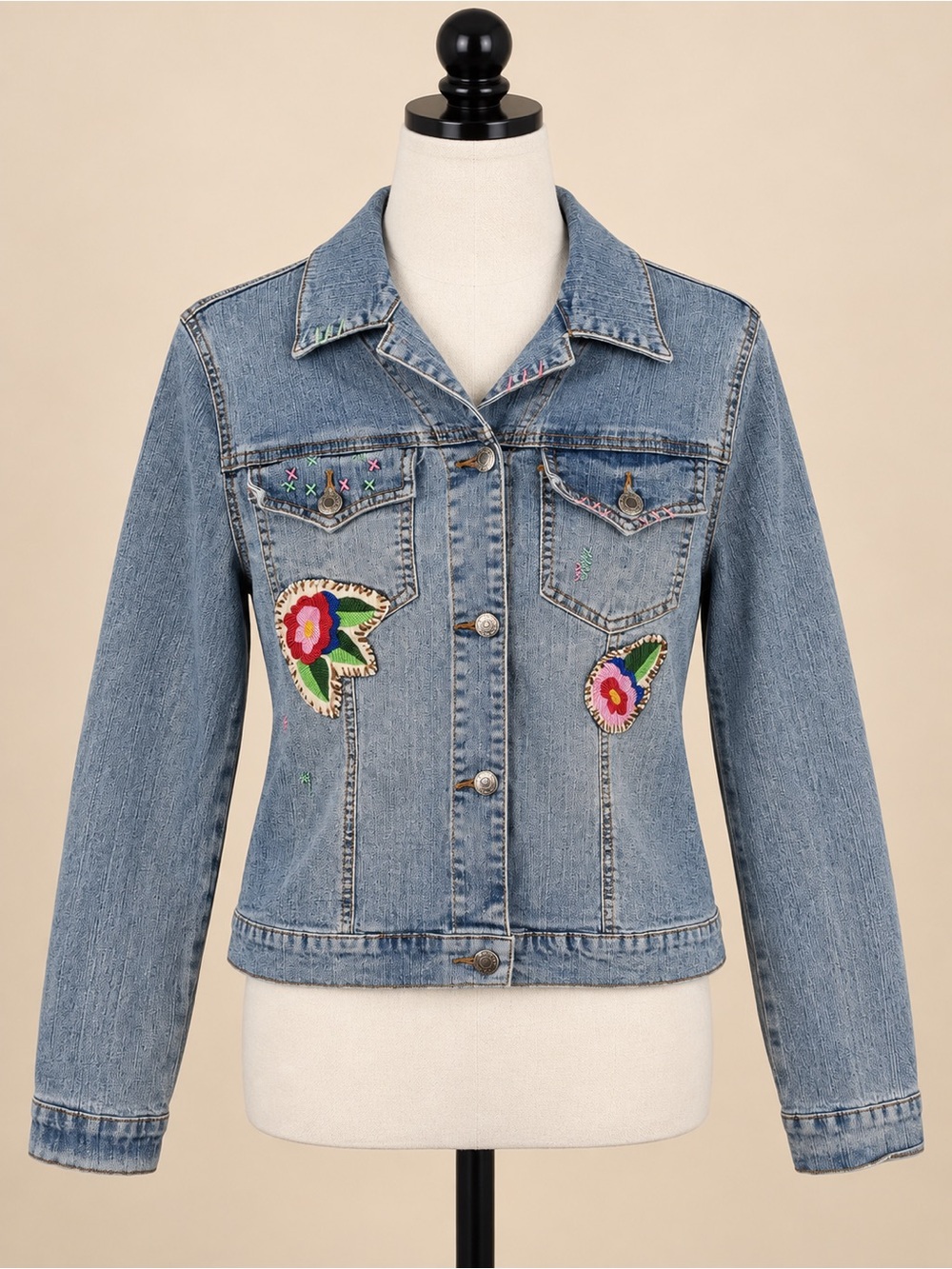 Floral Embroidered Denim Jacket Y2K Boho Arizona Jean Co Large